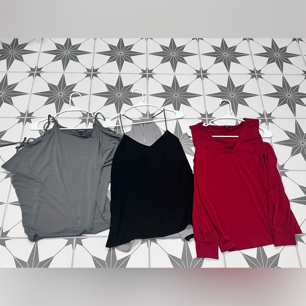 3 women’s Express tops. Tank top. Open shoulder top/open shoulder long sleeve.